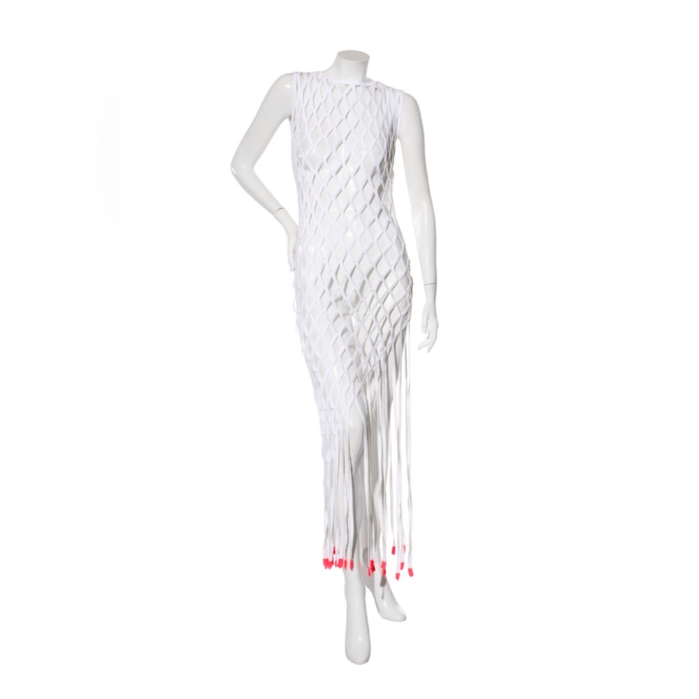 Off-White White SS20 “Rete” Fringe Maxi Dress with Neon Red Tips Size 38 NWT